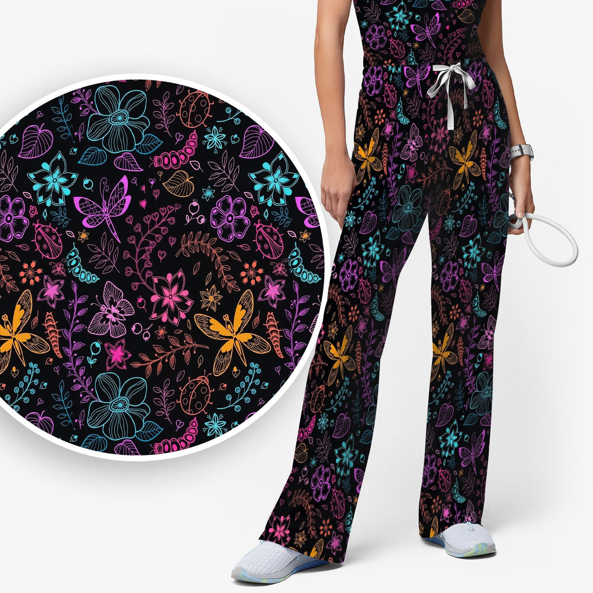 Neon Butterfly Floral Garden Nurse Scrub Set