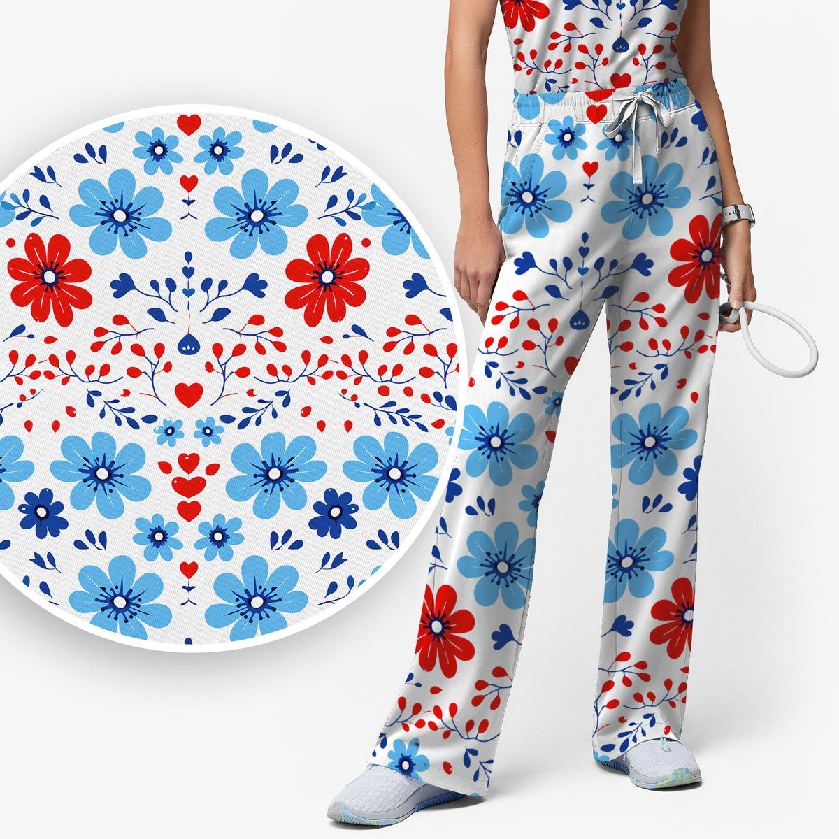 Symmetrical Folk Floral Heart Nurse Scrub Set