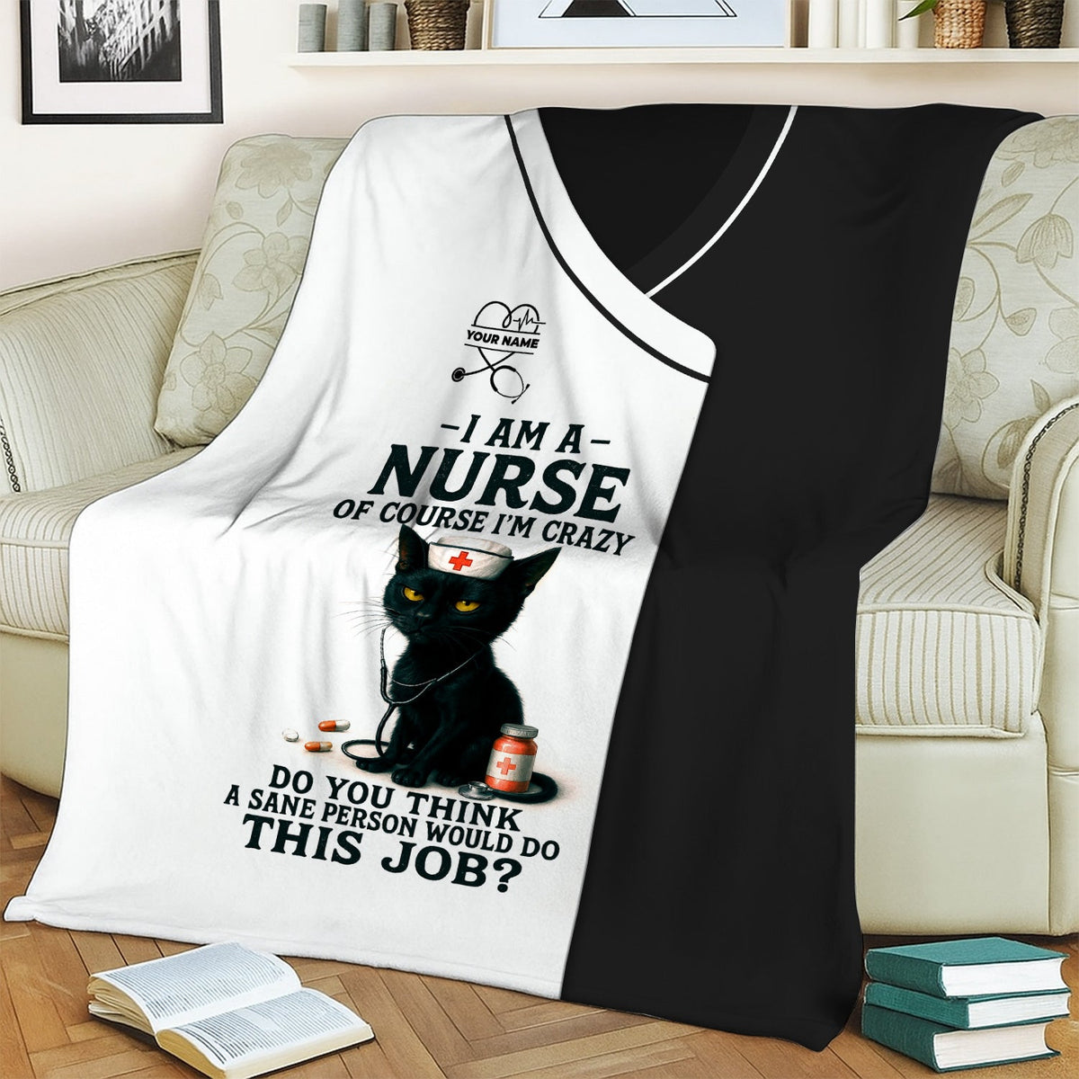 Personalized Black Cat Nurse Throw Blanket