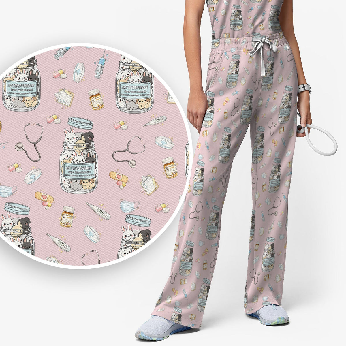 Whimsical Antidepressant Rabbit Jar Nurse Scrub Set