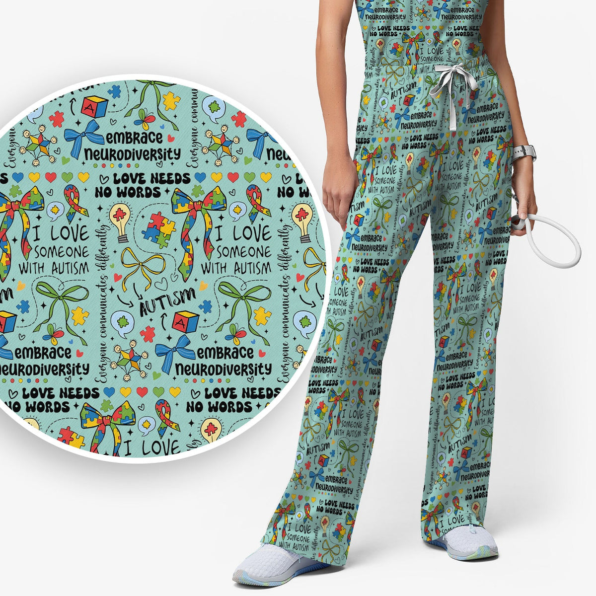 Autism Awareness Puzzle Ribbon Pastel Nurse Scrub Top