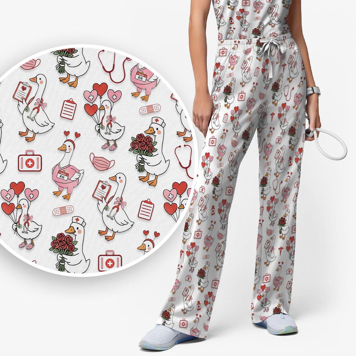 Cute Goose Nurse Medical Pattern Scrub Set, Women's Scrub Sets