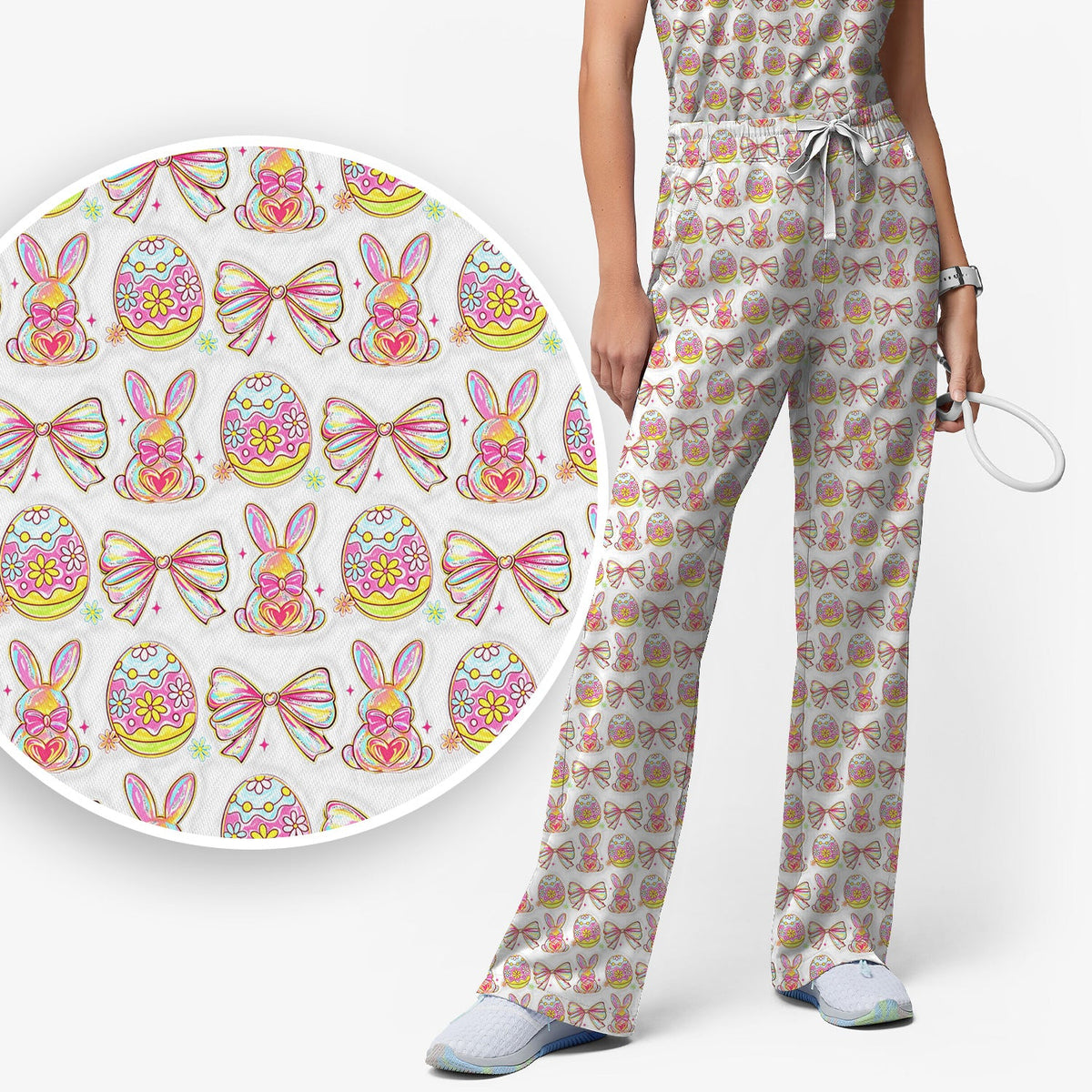 Bunny Pastel Egg Bow Nurse Scrub Set - Easter Gift