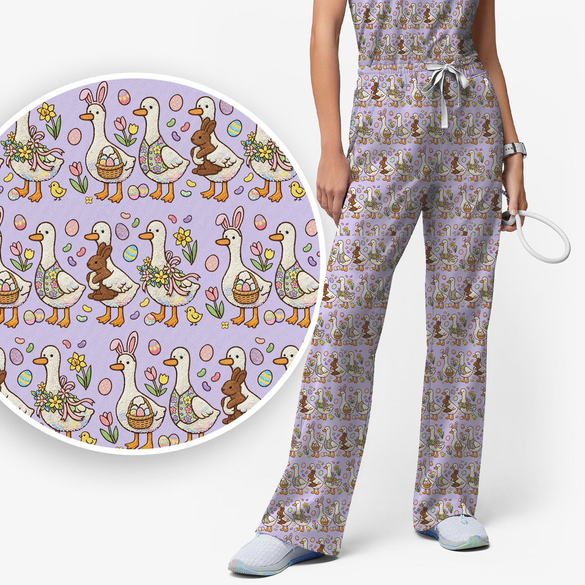 Duck Bunny Egg Floral Nurse Scrub Set - Easter Gift
