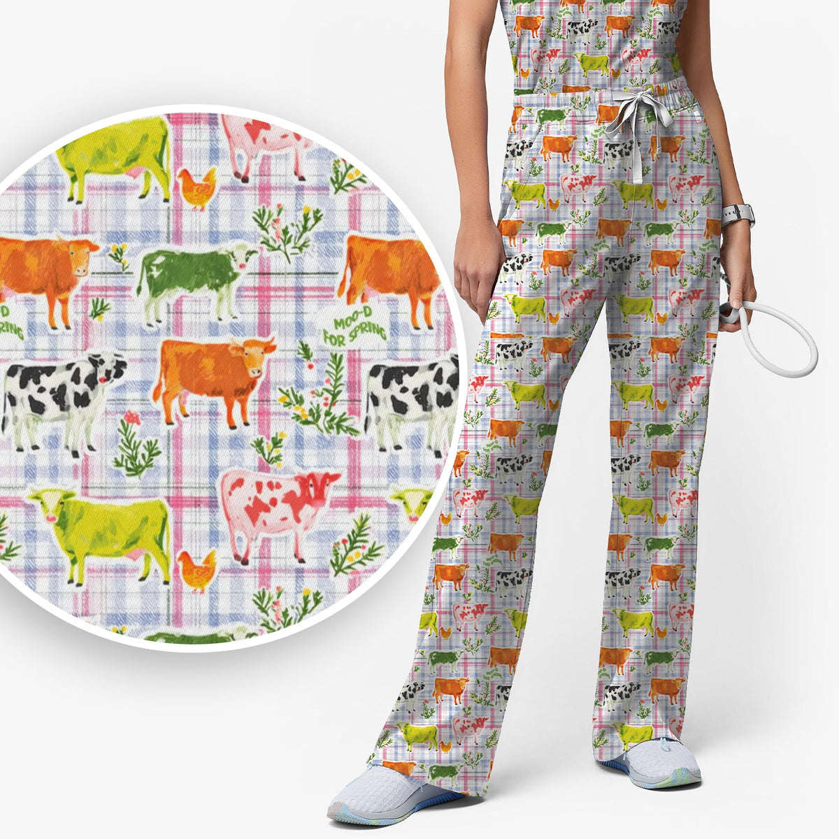 Colorful Farm Cow Plaid Nurse Scrub Set