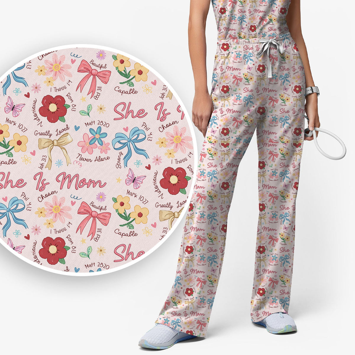 She Is Mom Flower Bow Nurse Scrub Set