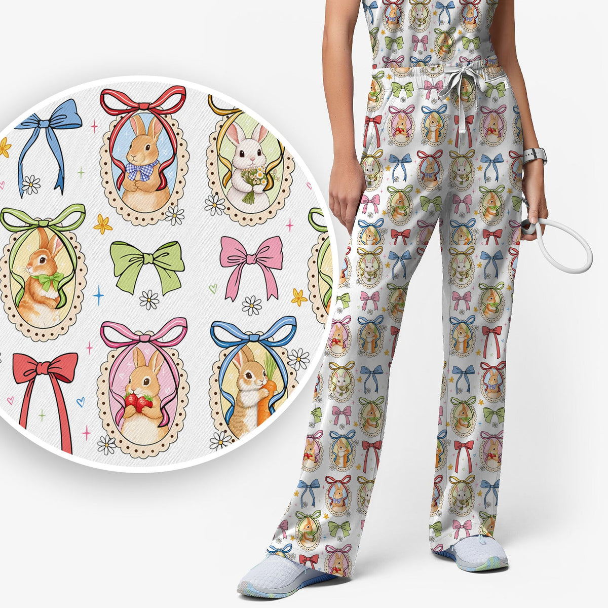 Bunny Cameo Bow Nurse Scrub Set - Easter Gift