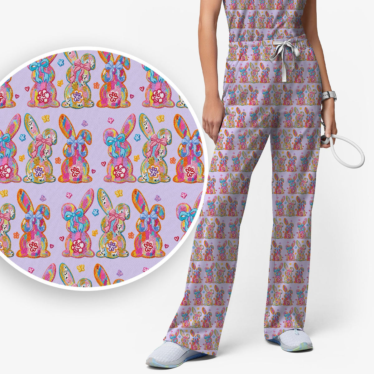Pastel Bunny Floral Nurse Scrub Set