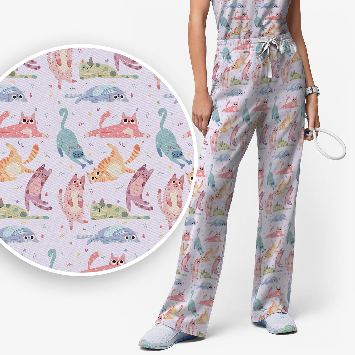 Funny Pastel Cat Pattern Medical Scrub Set, Breathable Fabrics Nursing Uniform