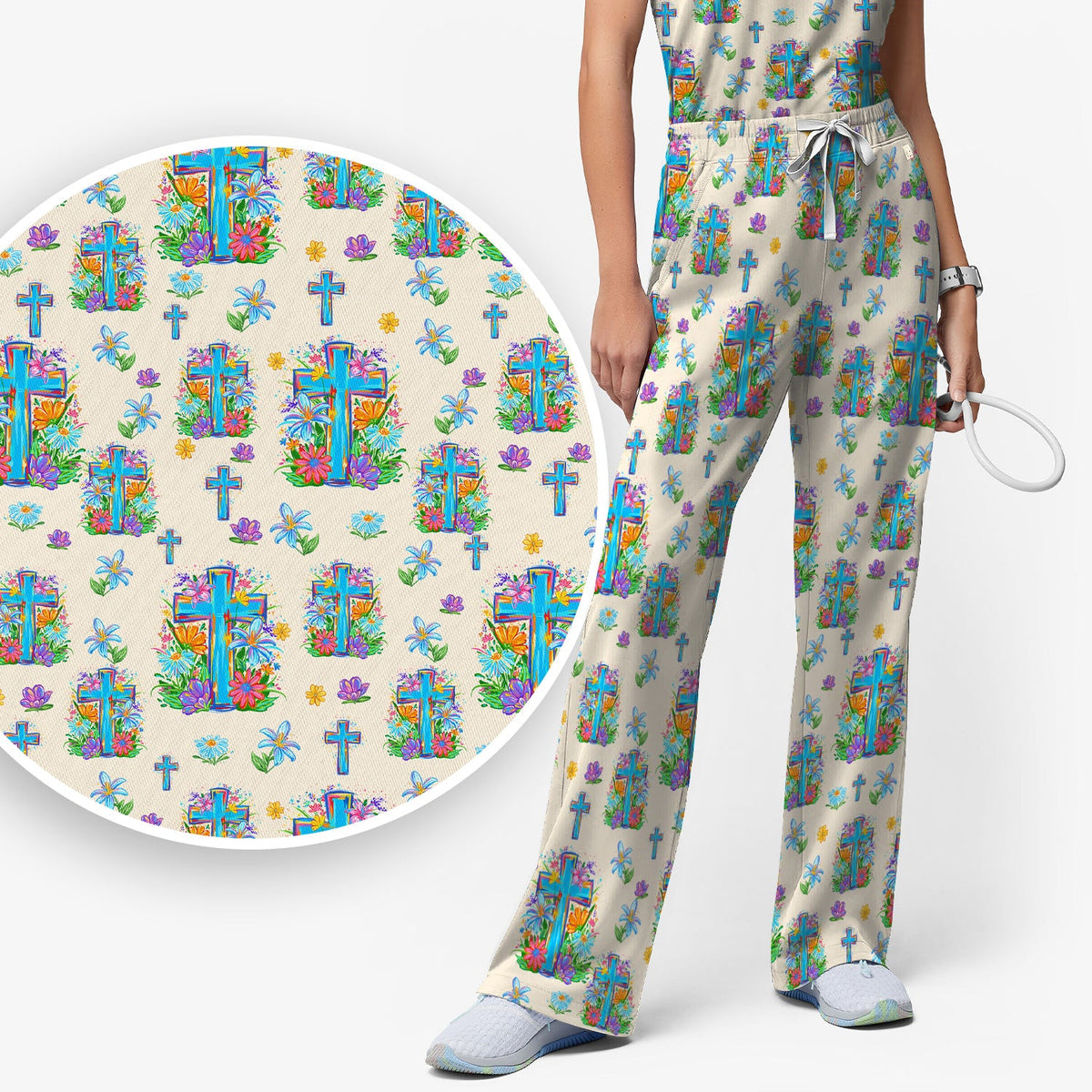Christian Floral Cross Spring Nurse Scrub Set