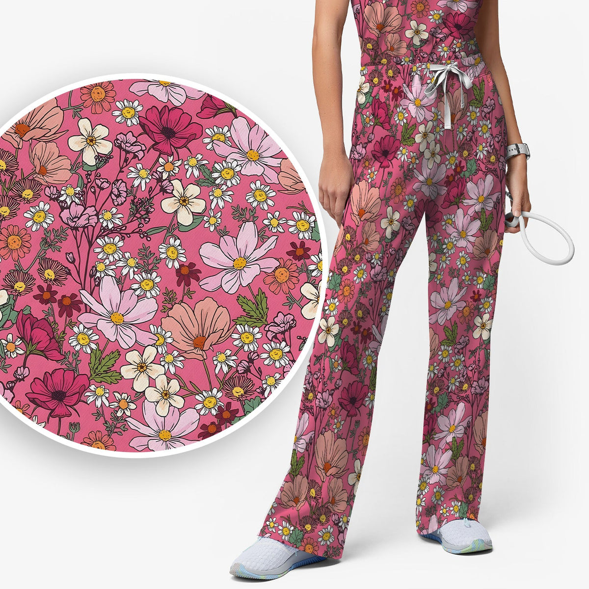Pink Daisy Wildflower Nurse Scrub Set