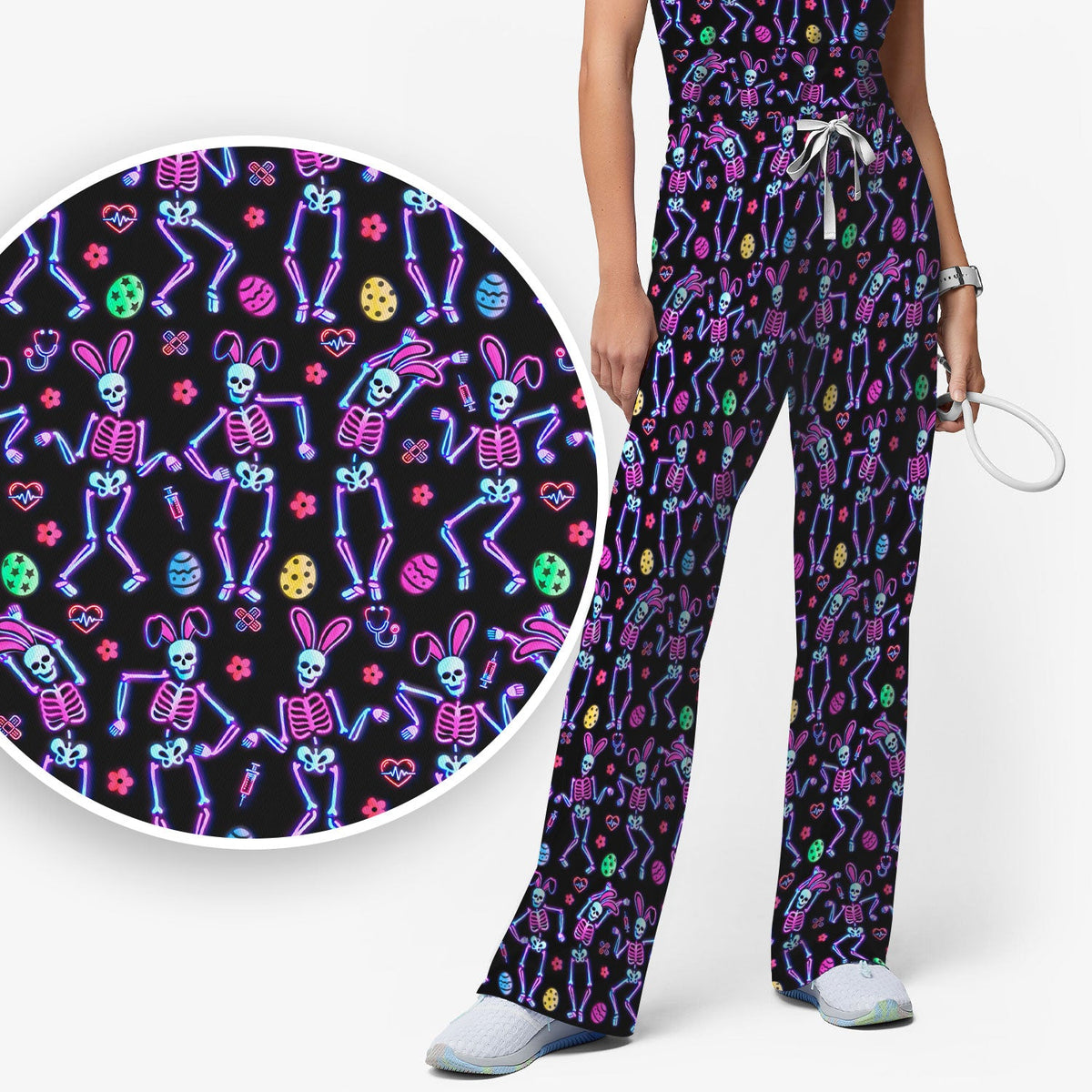 Neon Easter Skeleton Print Scrub Set, Scrub Pants and V Neck Top