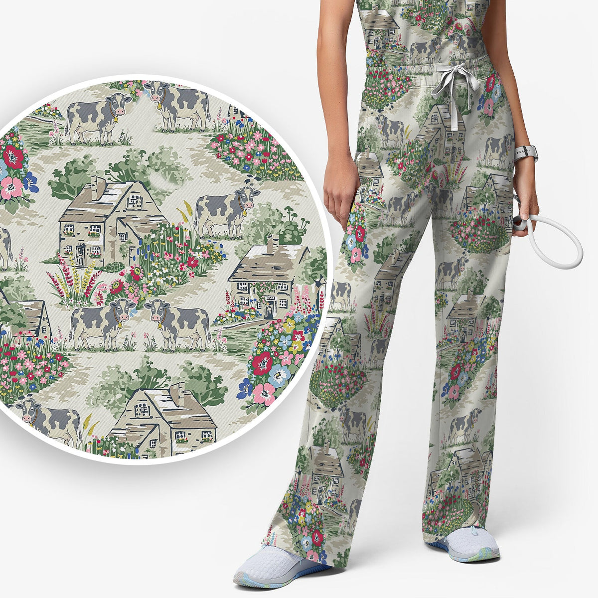 Countryside Cows Cottage Garden Nurse Scrub Set
