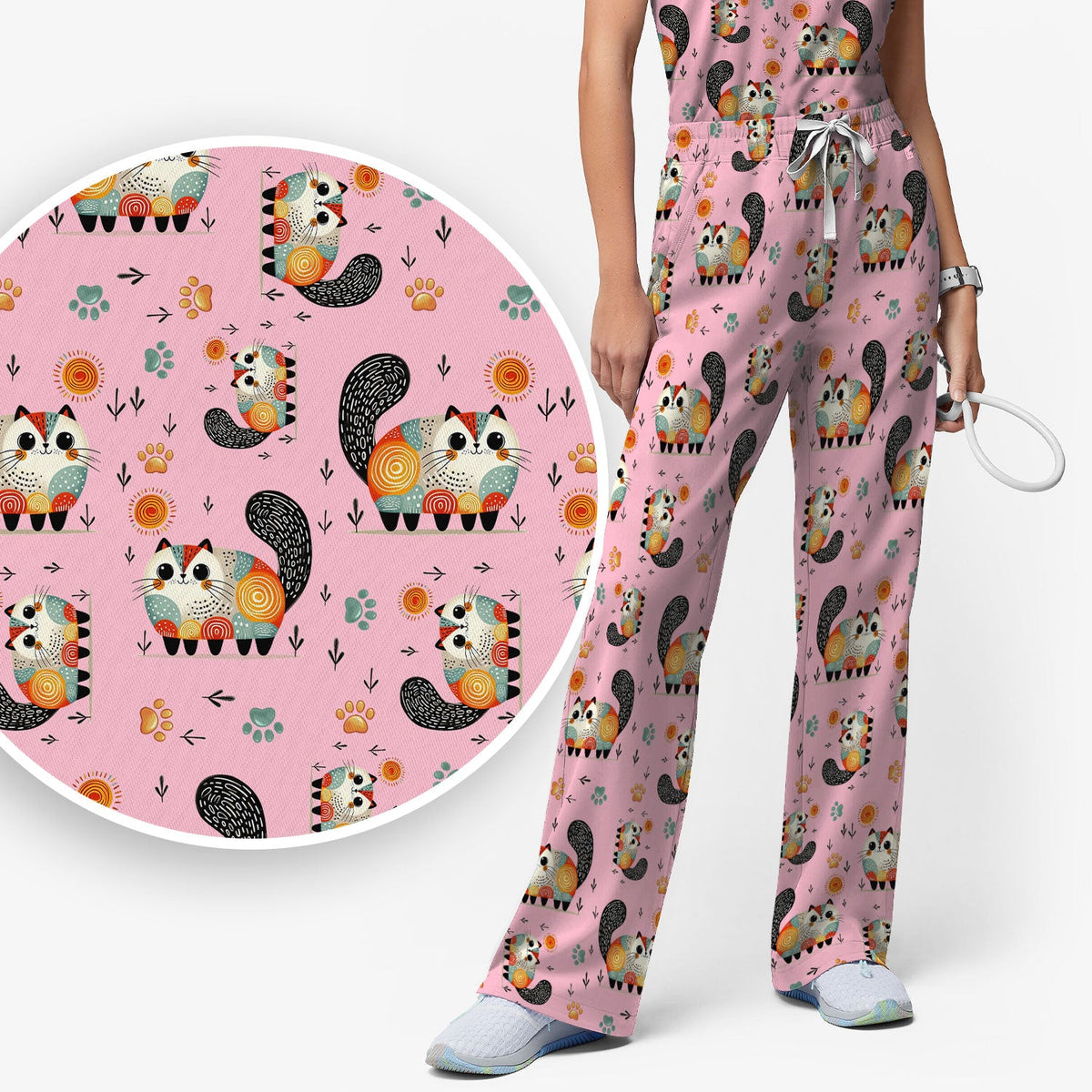 Cat Illustration Nurse Scrub Set