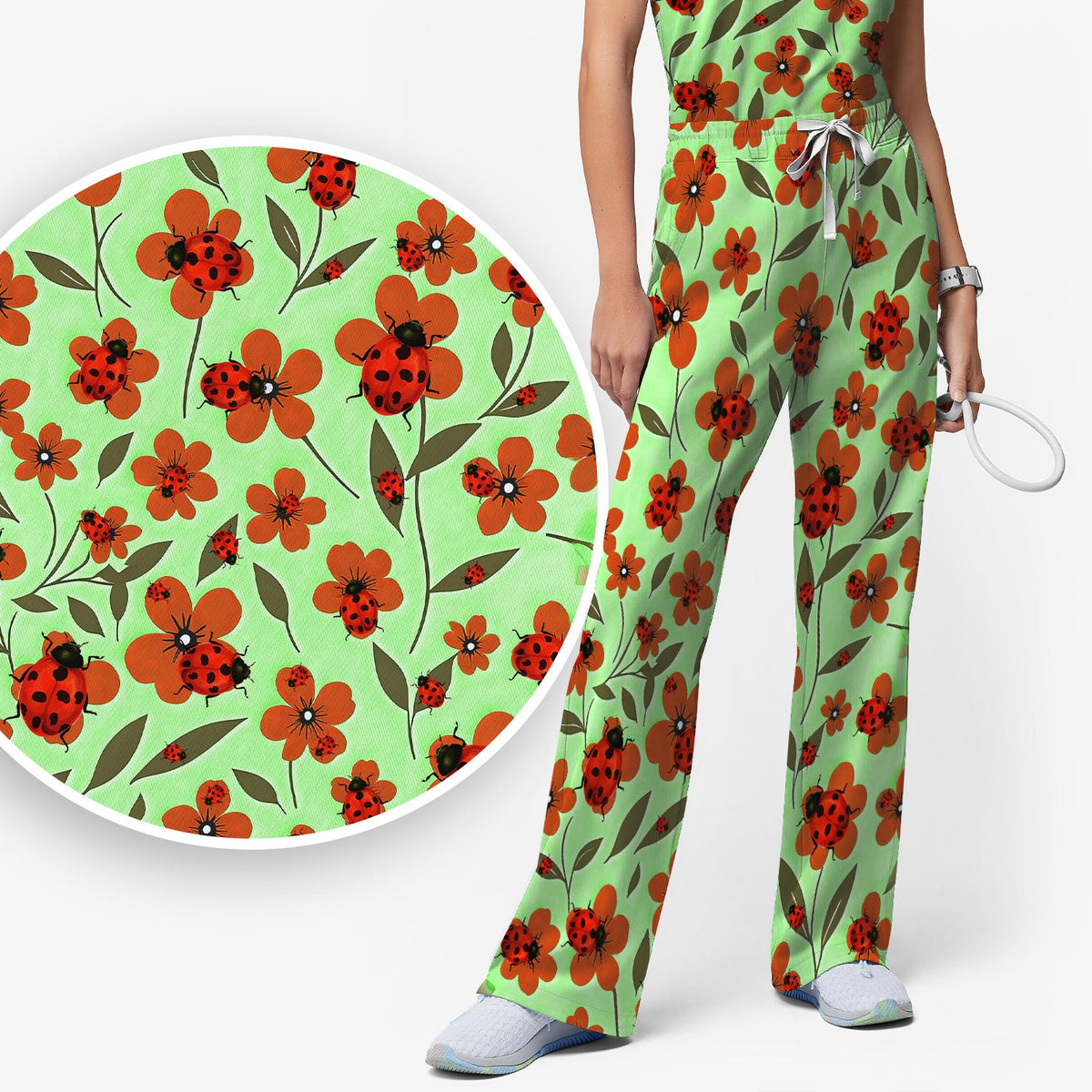 Ladybug Orange Floral Garden Nurse Scrub Set