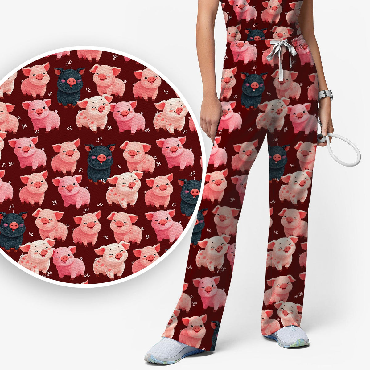 Funny Farm Pig Cartoon Pattern Scrub Set, Nurse Uniform Scrubs Set