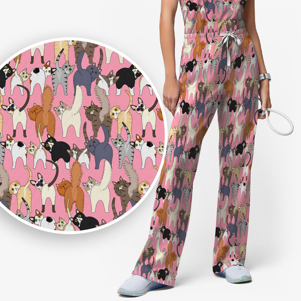 Whimsical Multicolor Cat Cartoon Nurse Scrub Set