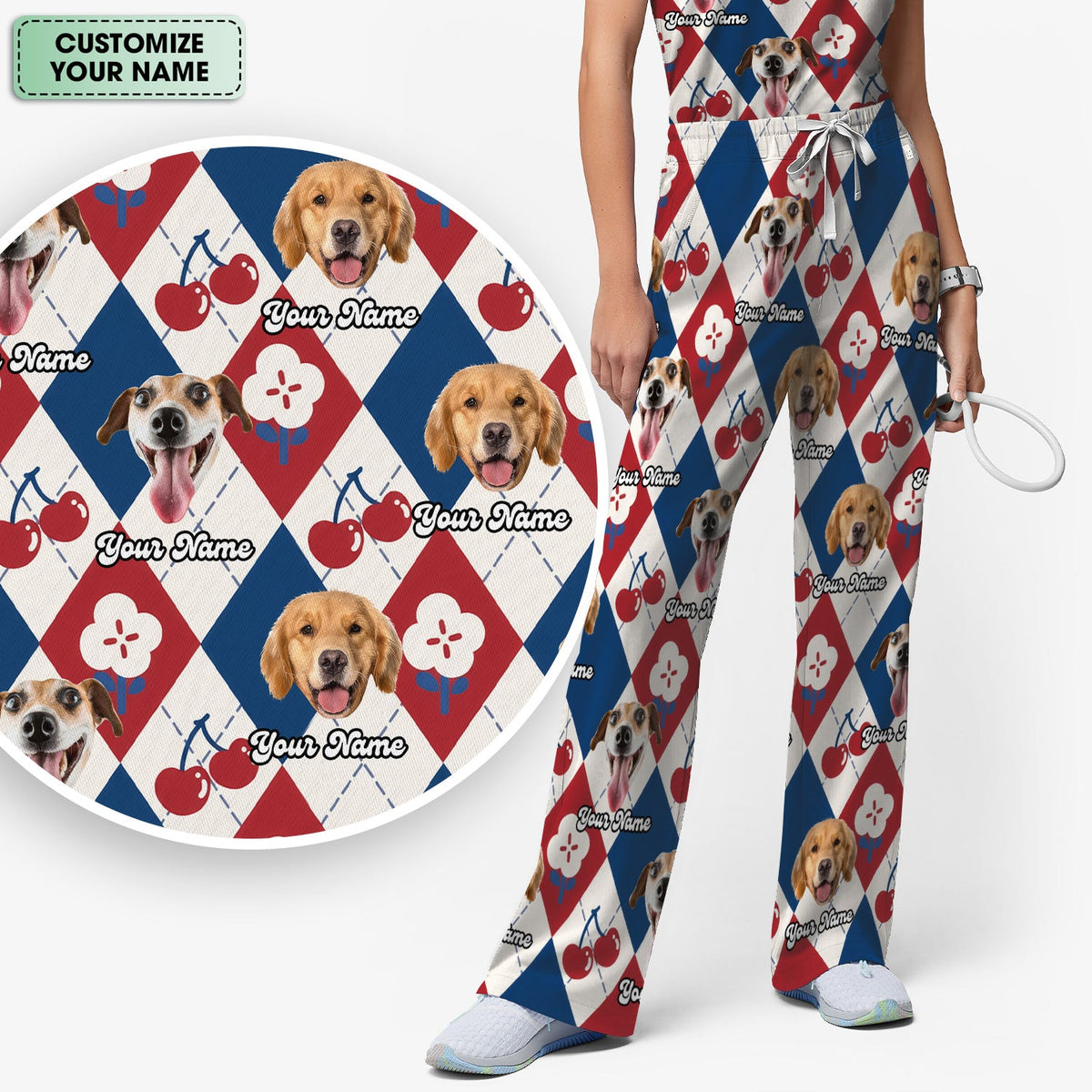 Dog Face Cherry Argyle Nurse Scrub Set