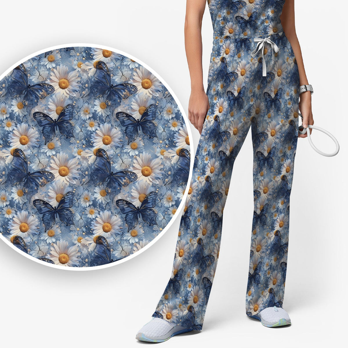Blue Daisy Butterfly Nurse Scrub Set