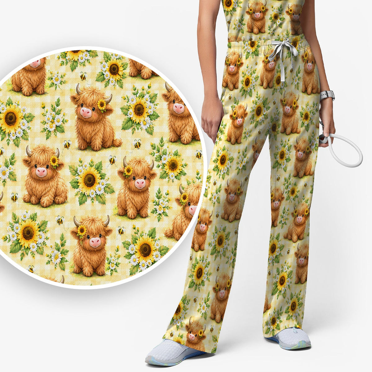 Sunflower Highland Cow Bee Nurse Scrub Set