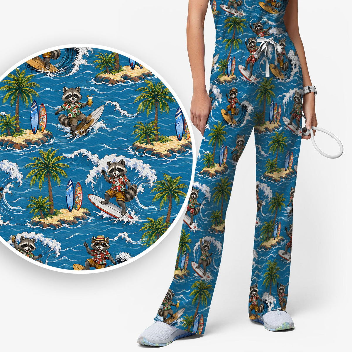 Tropical Surfing Raccoon Island Nurse Scrub Set