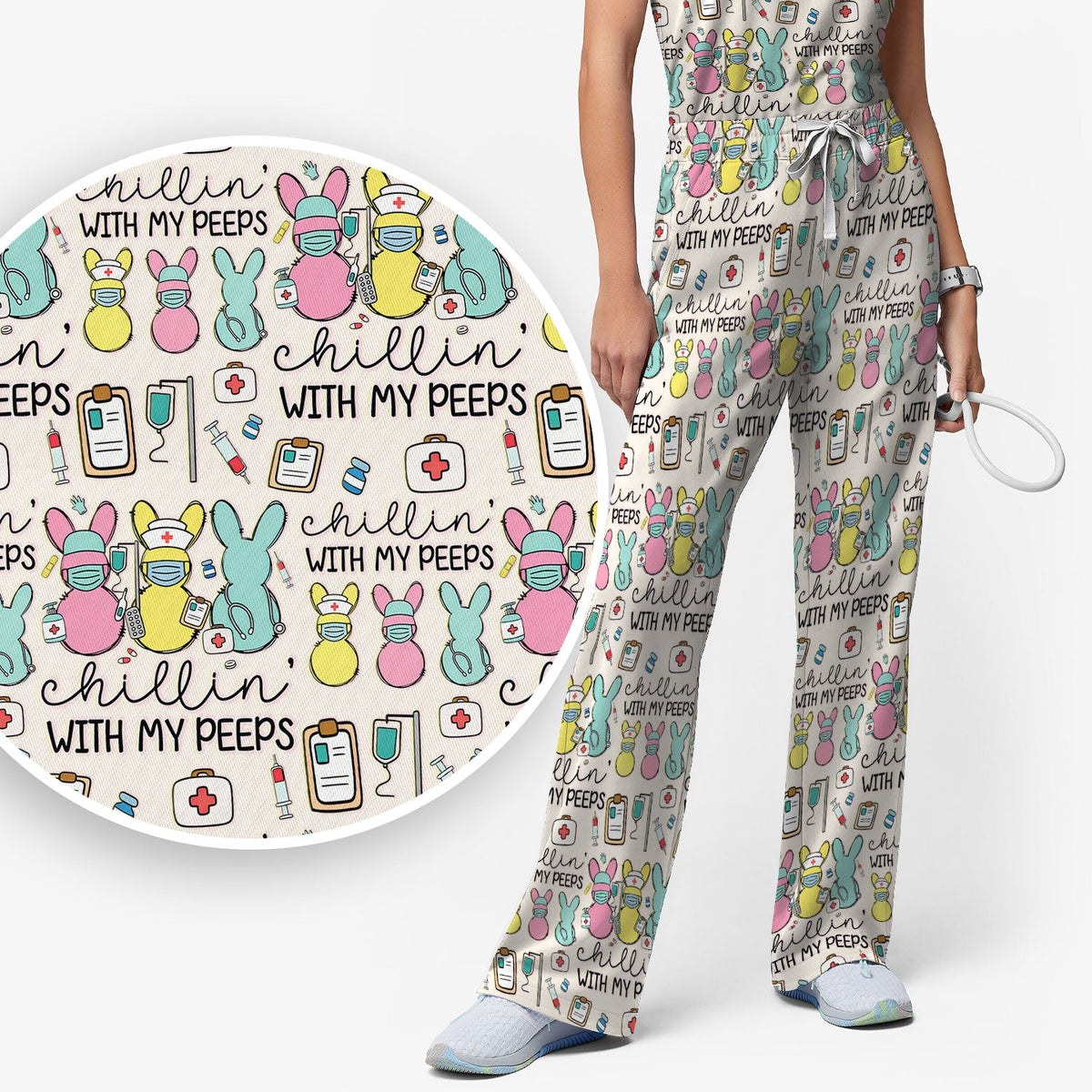Bunny Nurse Chillin With My Peeps Scrub Set - Easter Gift
