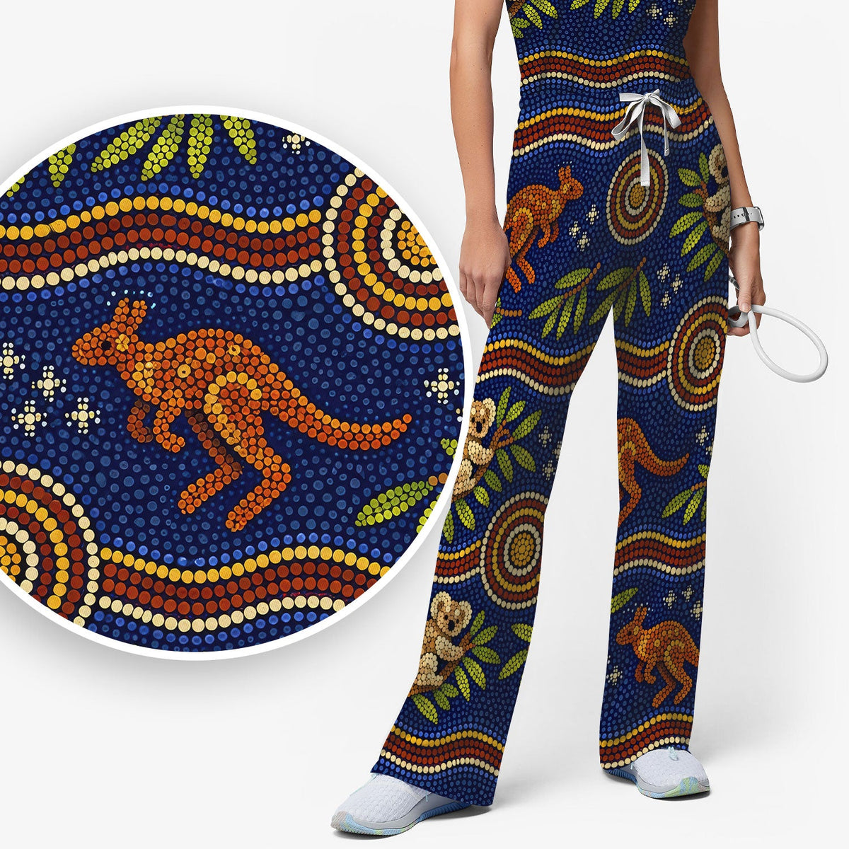 Australian Aboriginal Dot Art Scrub Set, Kangaroo ANd Koala Pattern Nurse Shirt, Breathable Fabrics Nursing Uniform