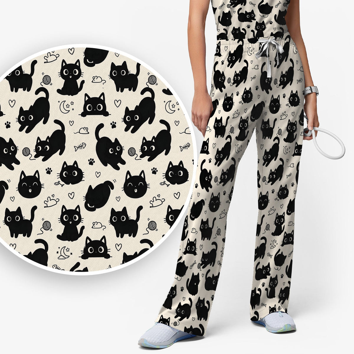 Playful Black Cat Nurse Scrub Set