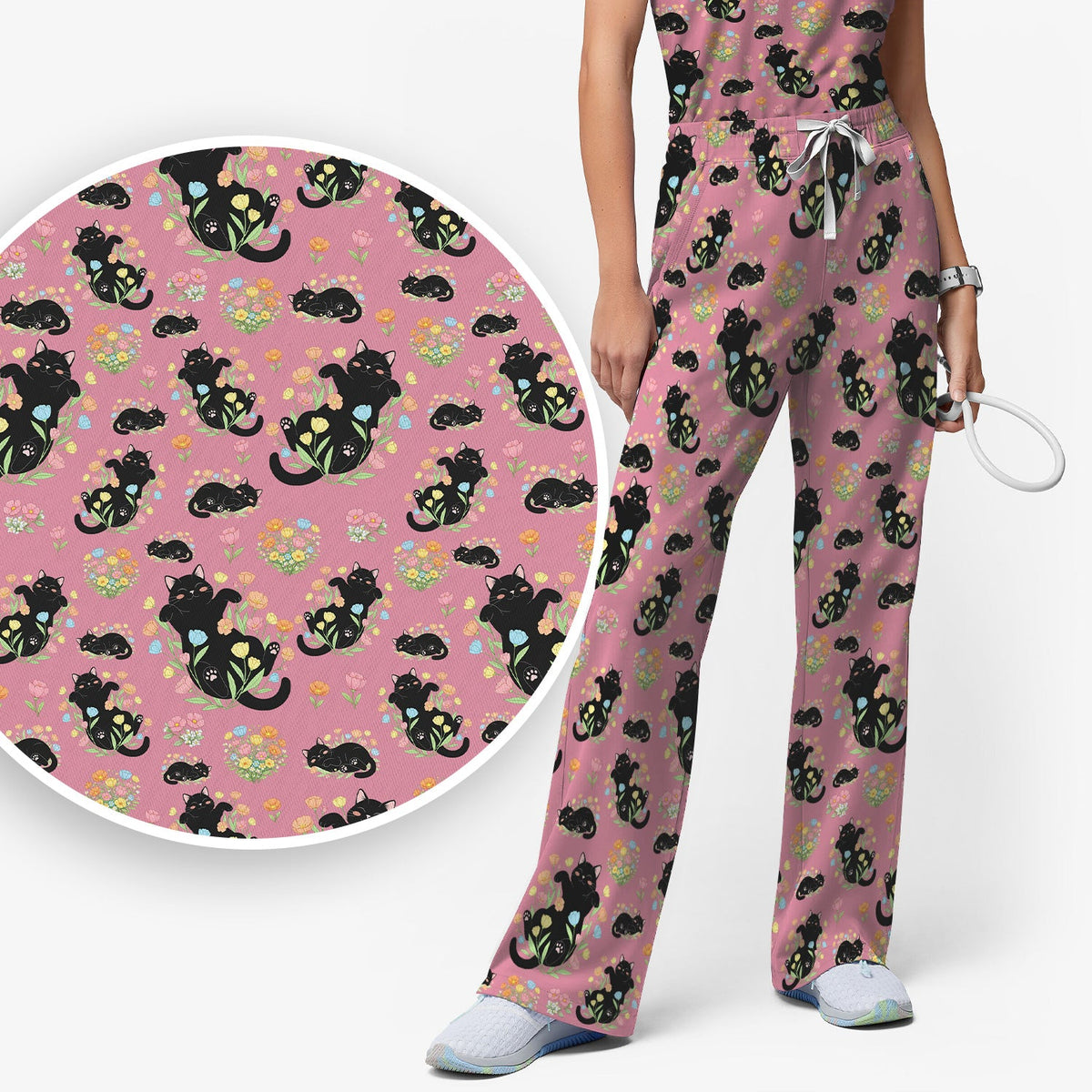 Cats Cute Poses Floral Nurse Scrub Set