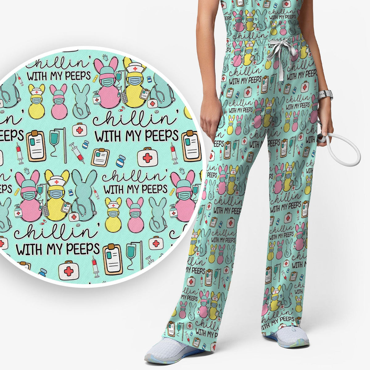 Bunny Nurse Chillin With My Peeps Scrub Set - Easter Gift