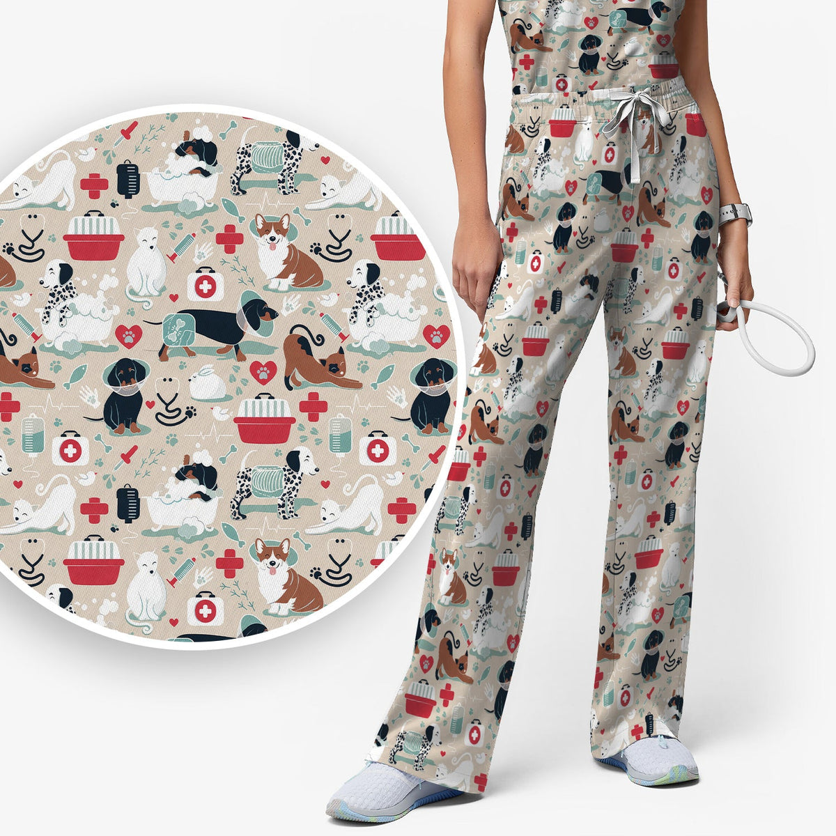 Dogs With Veterinary Tools And Paw Print Scrub Set, Breathable Med Uniform