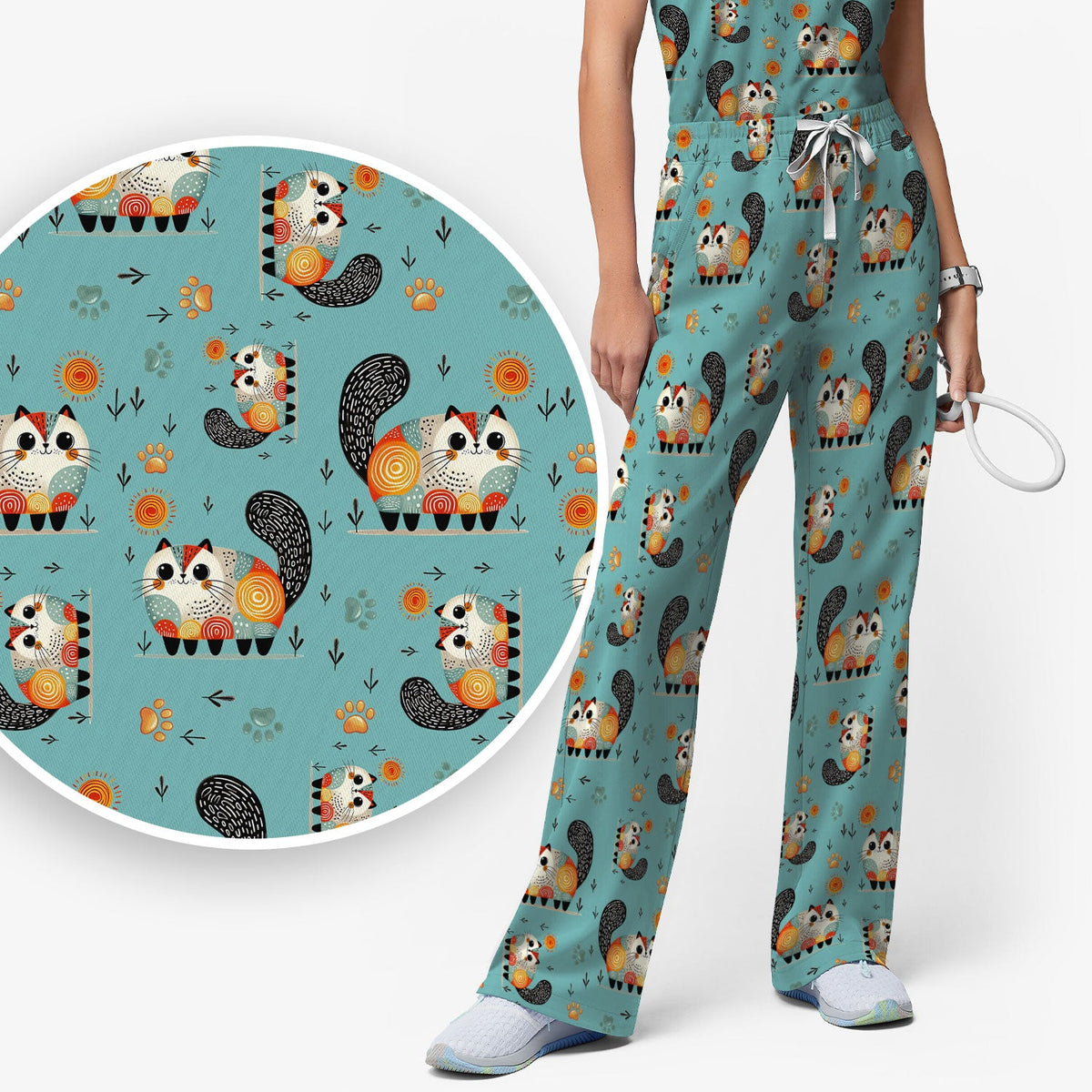 Cat Illustration Nurse Scrub Set