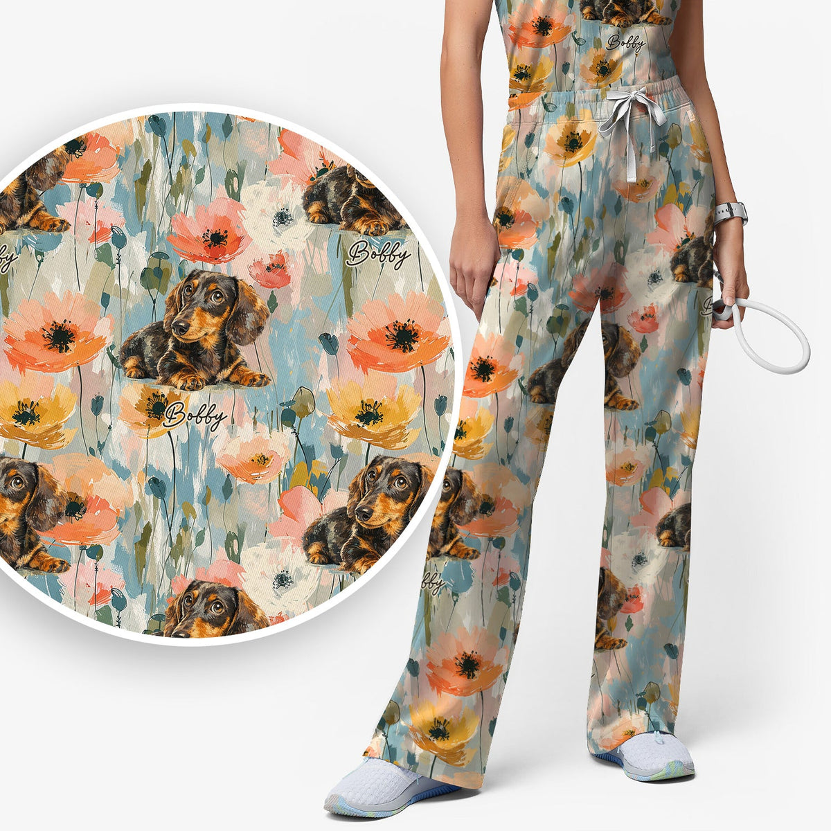 Personalized Dachshund Photo Floral Nurse Scrub Set