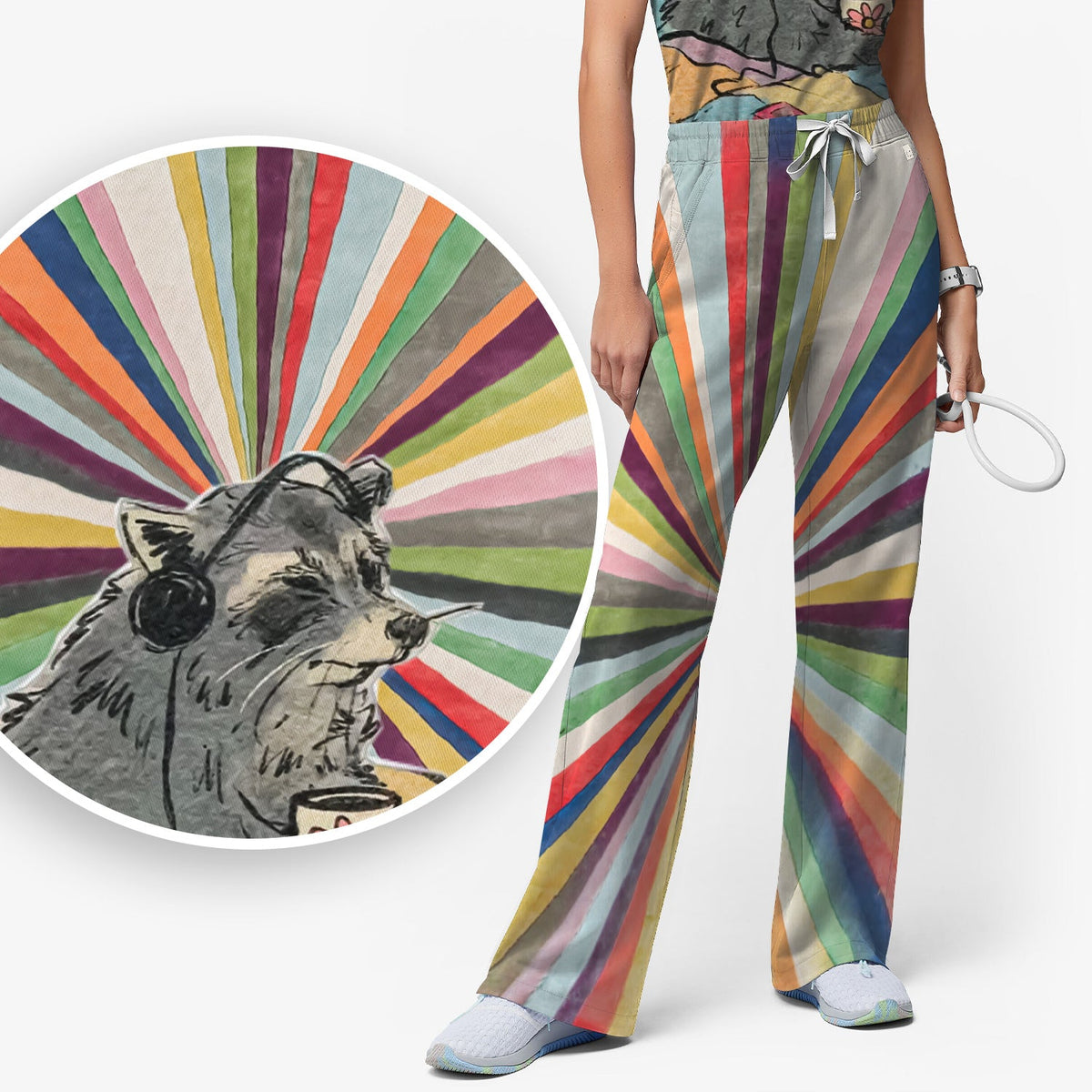 Chill Raccoon Rainbow Music Nurse Scrub Set