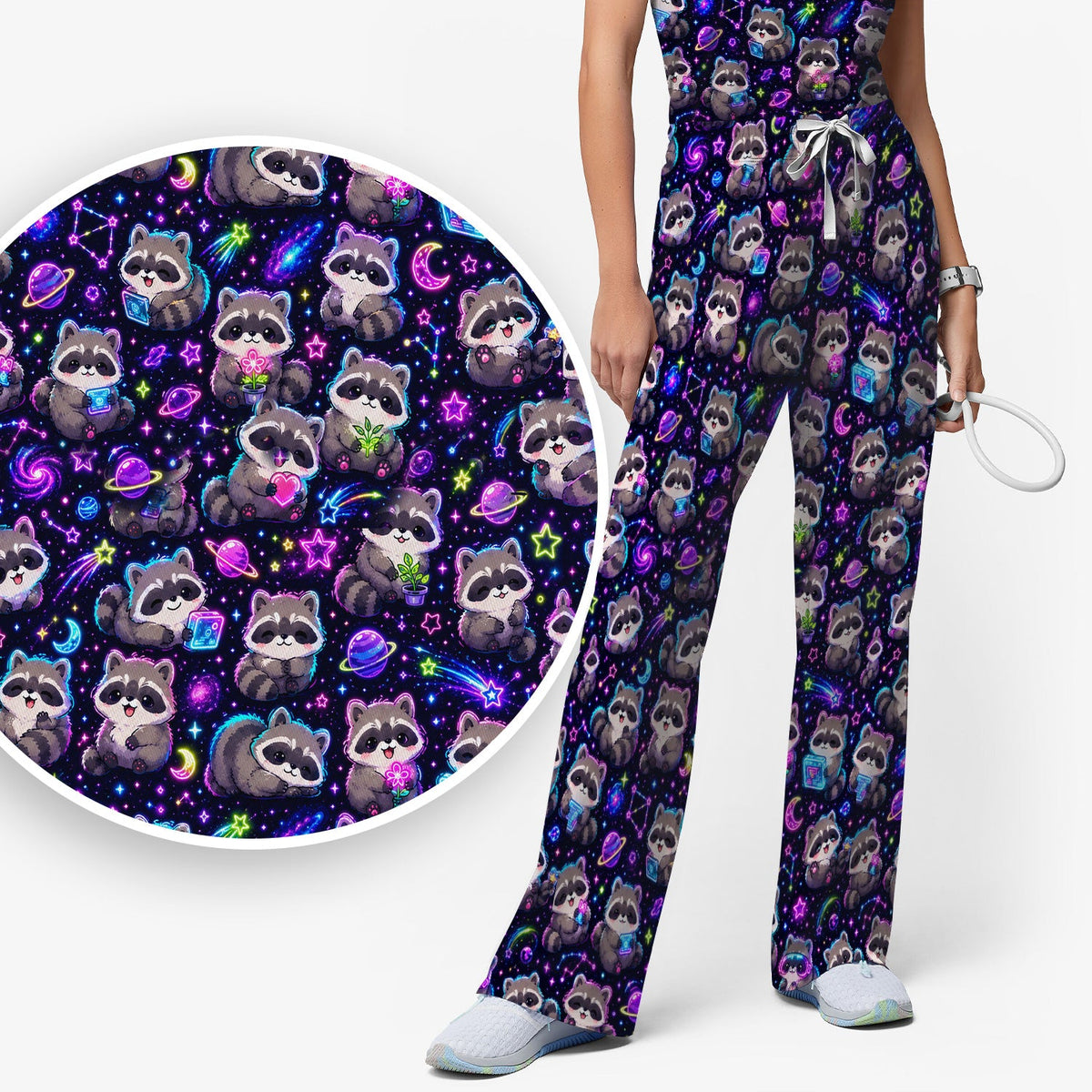 Neon Galaxy Raccoon Space Nurse Scrub Set