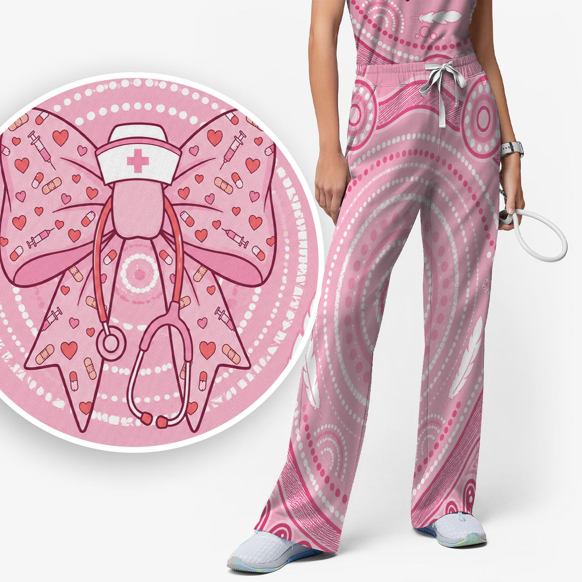 Pink Nurse Bow Stethoscope Scrub Set