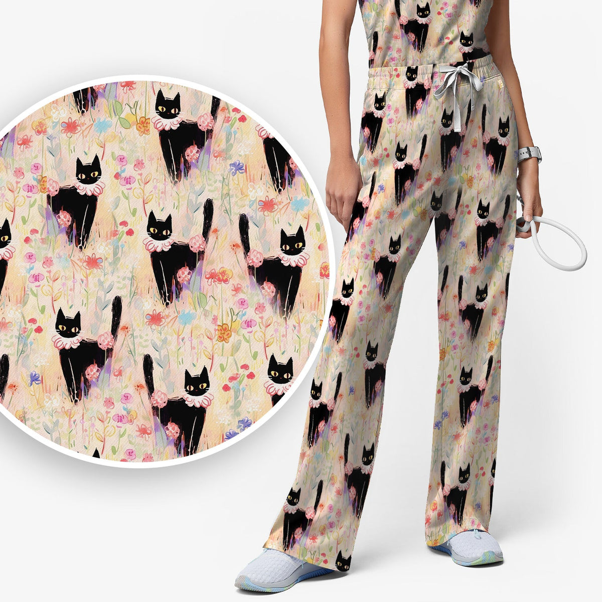 Black Cat Floral Garden Nurse Scrub Set
