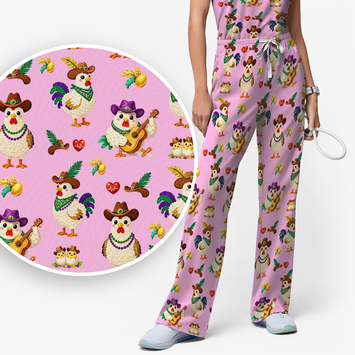 Mardi Gras Rooster Cowboy Nurse Scrub Set