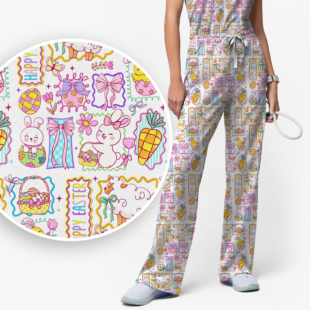 Cute Easter Bunny Egg and Bow Print Scrub Set, Scrub Pants and V Neck Top
