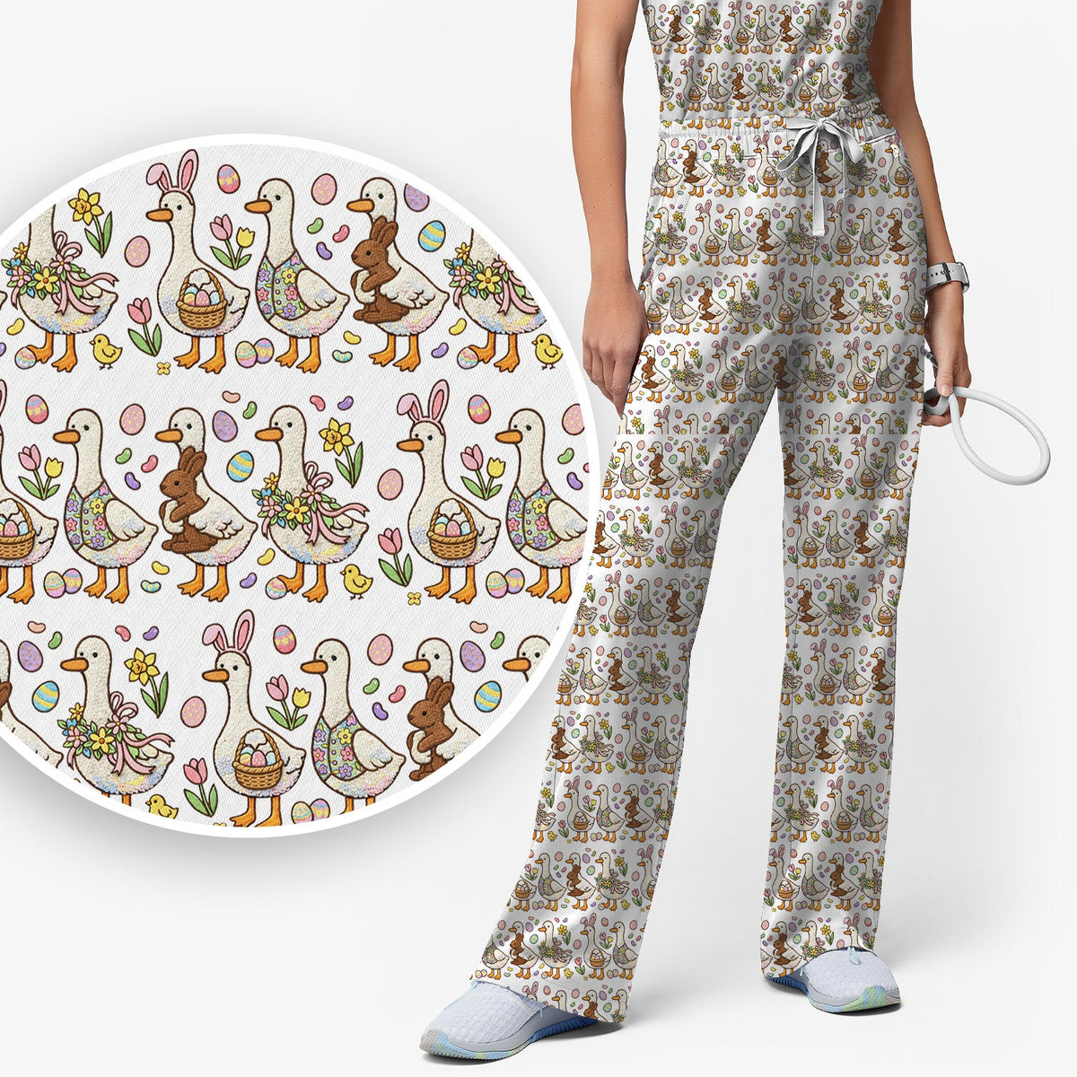 Duck Bunny Egg Floral Nurse Scrub Set - Easter Gift