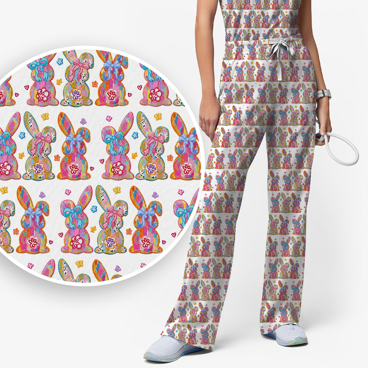 Pastel Bunny Floral Nurse Scrub Set