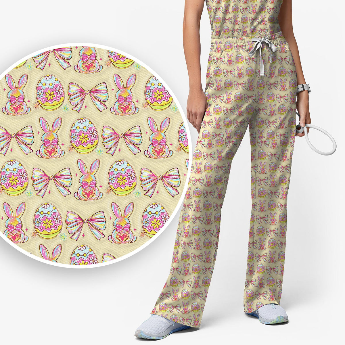 Bunny Pastel Egg Bow Nurse Scrub Set - Easter Gift