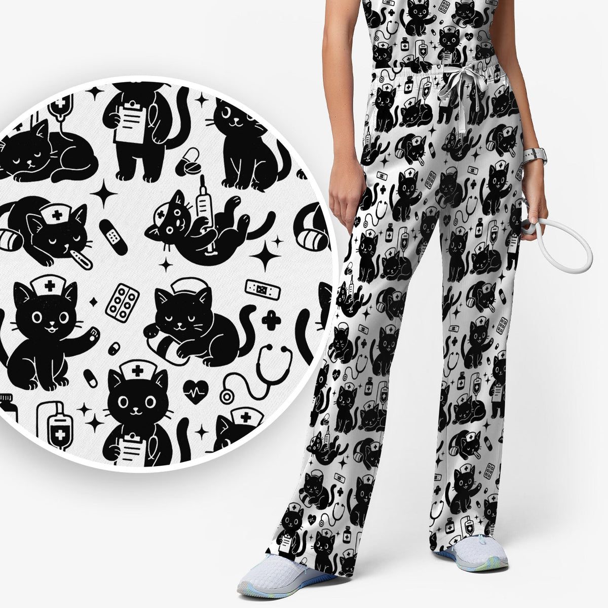 Cute White Black Cat Nurse Scrub Set