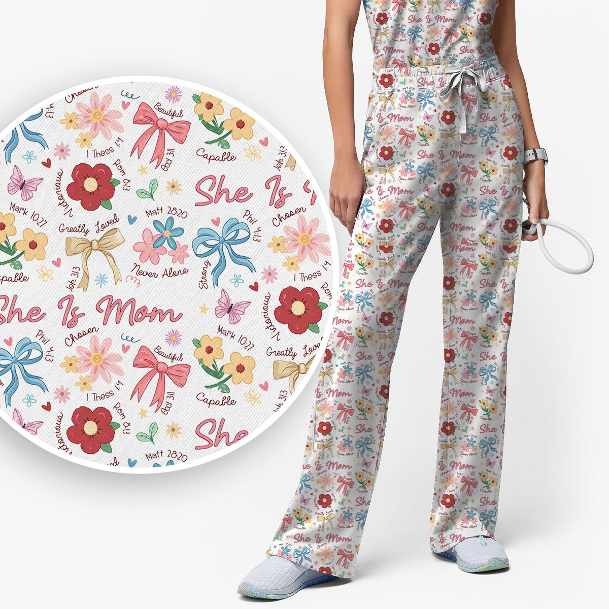 She Is Mom Flower Bow Nurse Scrub Set