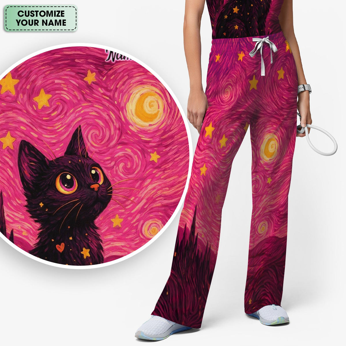 Personalized Black Cat Galaxy Star Swirl Nurse Scrub Set