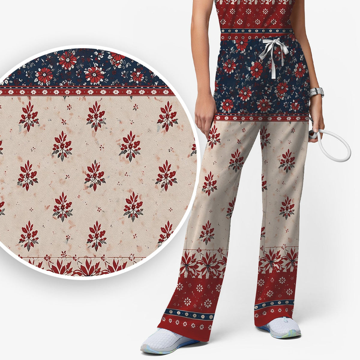 Vintage Floral Border Red Blue Nurse Scrub Set