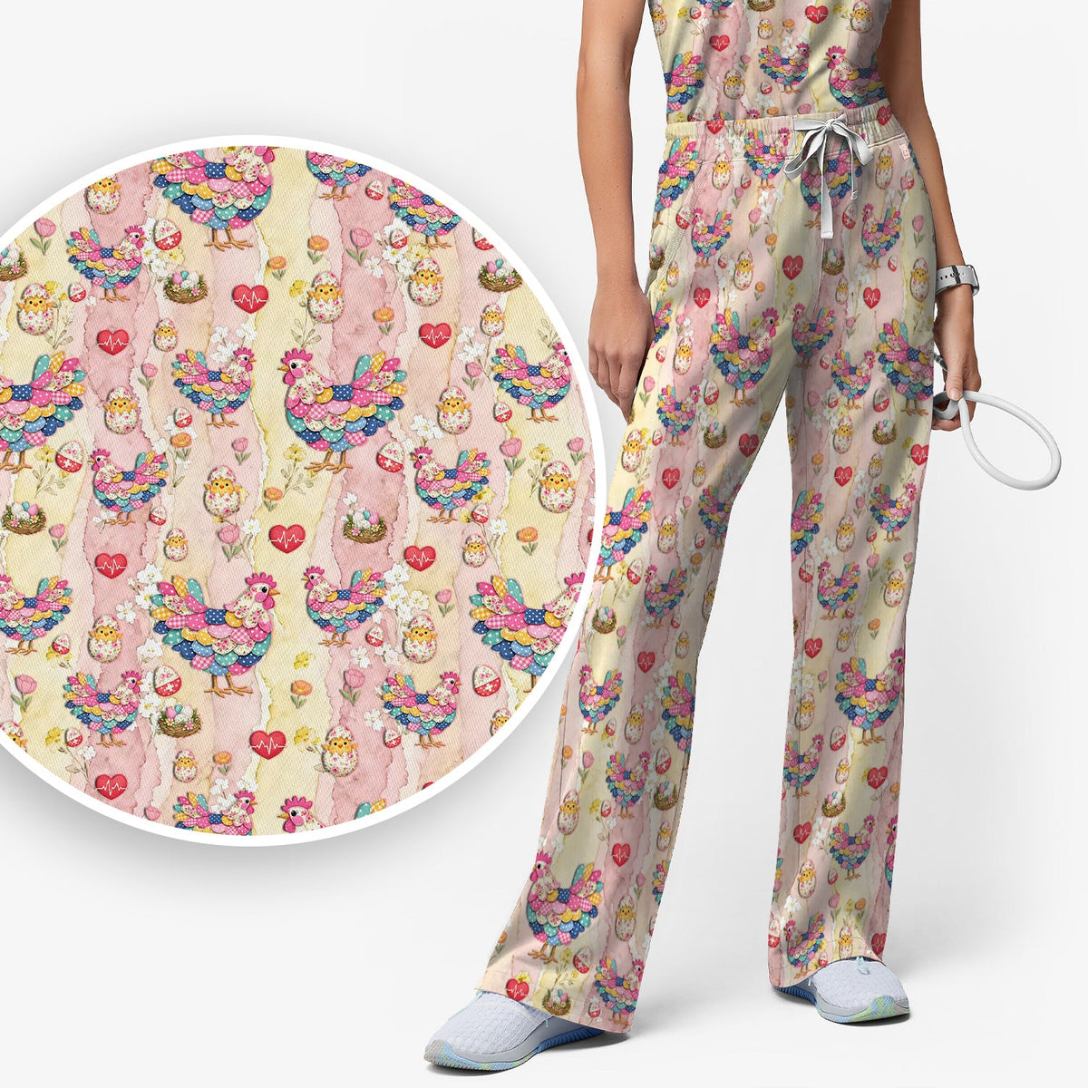 Colorful Chicken Easter Eggs Heart Nurse Scrub Set