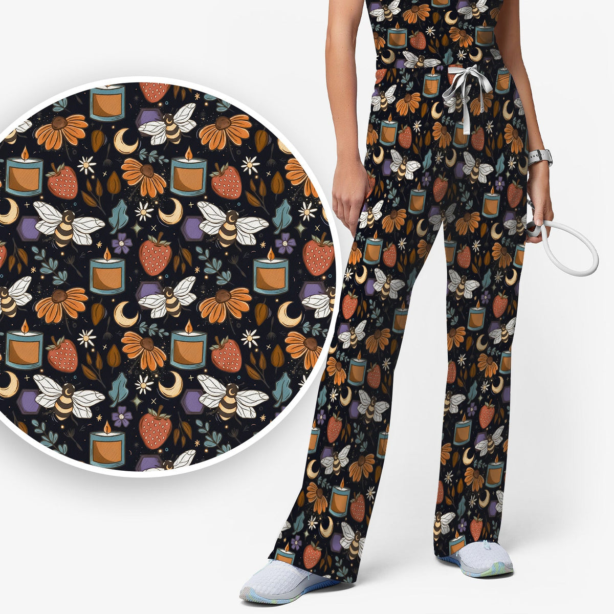 Bee Strawberry Floral Candle Nurse Scrub Set