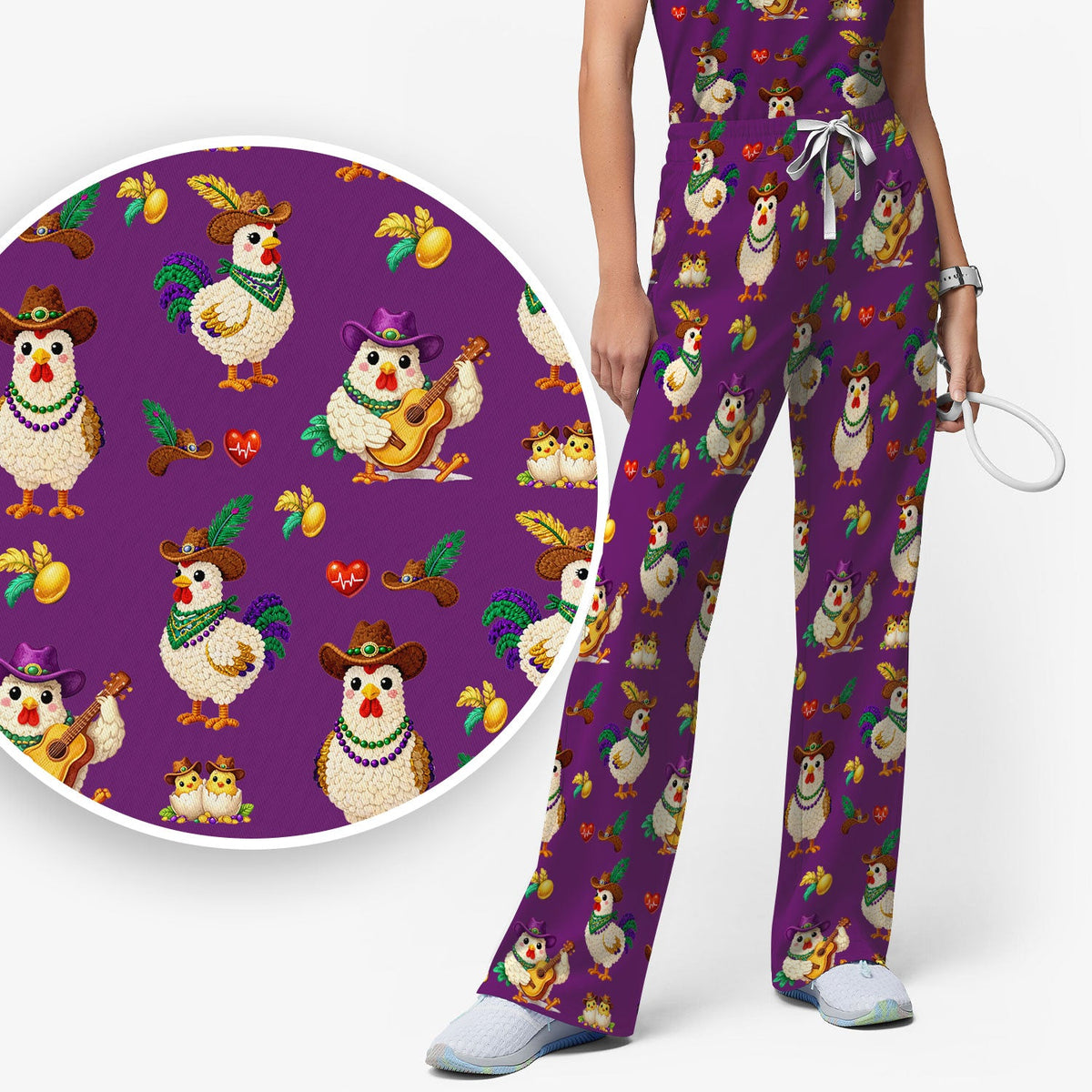 Mardi Gras Rooster Cowboy Nurse Scrub Set