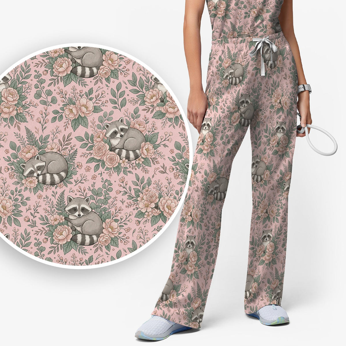 Sleeping Raccoon Rose Garden Nurse Scrub Set